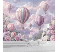 ZISTRCBAO Hot Air Balloon Clouds Floral Silk Wall Mural Decoration Poster Picture Photo Wallpaper 150x105cm, Retro Dream Wall Mural Decoration, Pink Paper for Home Kids Bedroom