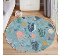ZISTRCBAO Jellyfish Whale Round Area Rugs Living Room, Cartoon Ocean Animals Circle Area Rug Non Slip Washable Floor Rugs Non Slip Blue Round Rug for Bedroom Kitchen Home Decor Floor Mat 60cm