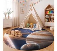 ZISTRCBAO Jupiter Saturn Earth Round Rug, 120cm | Sci-Fi Space Washable Area Rug Soft, Non-slip, Circular Rugs for Living Rooms, Featuring a Non-slip Backing Carpet for Entryways, Deep Blue