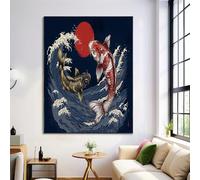 ZISTRCBAO Koi Fish Red Sun Ocean Waves Canvas Wall Art - 40×50 cm Unframed Poster - Japanese Ukiyo-E Style Poster Art Print Living Room Bedroom Kitchen Cafe Home Office Wall Decor