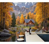 ZISTRCBAO Lake Dolomites Cottages Mural Wallpaper, Cozy Autumn Scenery Panoramic Wallpaper, Wall Mural Decoration Poster 400x280cm Mural for Living Room Bedroom Hallway, Orange