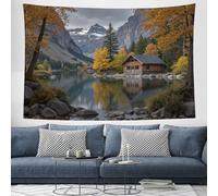 ZISTRCBAO Lakeside Wooden Cabins Mountains Tapestry Autumn Natural Scenery Wall Tapestry for Bedroom Aesthetic, Yellow Tapestries Wall Hanging Background Cloth for Dorm Living Room Decor 230x180cm