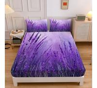 ZISTRCBAO Lavender Fields Fitted Sheet Double Bed with 2 Pillowcase, Watercolor Floral Fitted Sheets Deep Pocket (30 Cm) Soft Brushed Microfiber Bedding 135x190x30cm, Purple