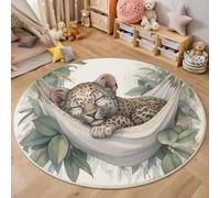 ZISTRCBAO Leopard On Hammock Round Area Rug 120cm, Cute Watercolor Animals Washable Area Rugs for Boys Girls, Soft Low-Pile Carpets with Non-slip Carpet for Nursery Children's Toy Room, Green
