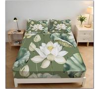 ZISTRCBAO Lotus Leaf Fitted Sheet Single Bed with 2 Pillowcases, Watercolor Floral Bed Sheets Bedroom Decor, 30 Cm Deep Pocket, Green Sheet Set for Adults Teens, 90x190x30cm