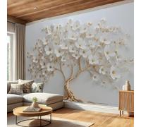ZISTRCBAO Magnolia Blossoms Gilded Tree Trunk Wall Mural, Neo-Chinese Light Luxury Relief Mural Wallpaper Room Decor Wall Art for Living Room Bedroom Kitchen Decorative Walls Art 200x140cm