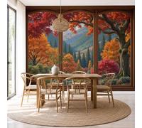 ZISTRCBAO Maple Trees Fir Trees Mural Wallpaper, 3D Autumn Window View Wall Mural, Red Orange Wall Decoration Paper Poster for Bedroom Home TV Sofa Background Wallpaper Murals - 300x210cm
