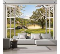 ZISTRCBAO Meadows Arched Bridges Lakes Wall Murals, Healing Pastoral Window View Wallpaper Mural for Living Room Bedroom TV Background Office Wall Decoration Poster - 350x256cm, Greenery