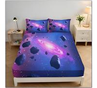 ZISTRCBAO Nebula Universe Fitted Sheet Super King Bed with 2 Pillowcase, Dream Space Fitted Sheets Deep Pocket (30 Cm) Soft Brushed Microfiber Bedding 180x200x30cm, Purple