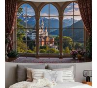ZISTRCBAO Neuschwanstein Castle Mountains Window View Tapestry Wall Hanging, Tapestry Romanticism Design Wide Wall Hanging, Blue Tapestries Poster for Living Room Bedroom Dorm Decor, 230x180cm