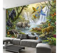 ZISTRCBAO Orangutans Rhinos Waterfalls Forests Wallpaper, Cartoon Jungle Animals Wall Mural for Living Room, Bedroom, Green Silk Wall Papaer Decoration, Photo Wallpaper & Home Decor, 200x140cm