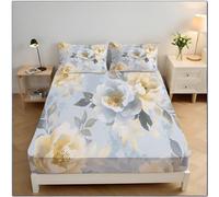 ZISTRCBAO Pale Yellow Peony Floral Single Fitted Sheet, Retro Elegance Fitted Sheet with 2 Pillow Shams Deep Pocket 30 Cm, Soft Microfiber Breathable Bedding Set 90x190x30cm, Light Blue