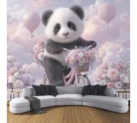 ZISTRCBAO Panda Riding A Bicycle On A Hot Air Balloon Wallpaper Murals, Light Pink Murals, Cartoon Animal Wallpaper for Bedroom Living Room Decor Artwork Background Wall Stickers 150x105cm