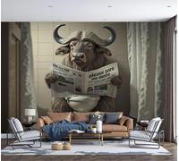 ZISTRCBAO Panoramic Mural Buffalo Reading Newspaper Toilet Silk Wallpaper 350x256cm Wall Mural Decoration Poster Humorous Animal Illustration Wallpaper for Living Room Bedroom & Home Interiors