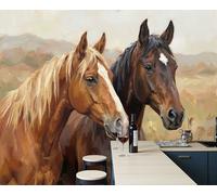 ZISTRCBAO Panoramic Mural Field Two Horses Silk Wallpaper 400x280cm Wall Mural Decoration Poster Animal Realism Oil Painting Wallpaper for Living Room Bedroom & Home Interiors