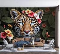 ZISTRCBAO Panoramic Mural Leopard Wearing Flowers On Its Head Silk Wallpaper 350x256cm Wall Mural Decoration Poster Cartoon Animal Portrait Wallpaper for Living Room Bedroom & Home Interiors
