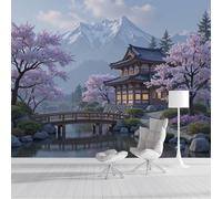 ZISTRCBAO Pavilions Mountains Cherry Blossom Trees Photo Wallpaper 400x280cm Silk Art Print Wall Mural Decoration Poster Picture Traditional Japanese Garden 3D Panoramic Wallpaper Murals Wall, Purple
