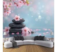 ZISTRCBAO Pebble Cherry Blossoms Wallpaper Murals 150x105cm, Zen Spa Theme Panoramic Wallpaper Mural, Pink Paper for Bedroom Living Room Decor Artwork Background Wall Stickers