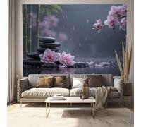 ZISTRCBAO Pebbles Lotus Flowers Bamboo Tapestry Wall Hanging, Tapestry Tranquil Zen Style Design Wide Wall Hanging, Pink Tapestries Poster for Living Room Bedroom Dorm Decor, 230x180cm