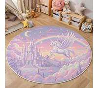 ZISTRCBAO Pegasus Castle Rainbow Round Rugs 80cm, Pink Round Rug Soft Non-slip Dreamy Cartoon Animals Area Rugs for Bedroom Low Pile Machine Washable Rug for Kids Rooms Children Bedroom