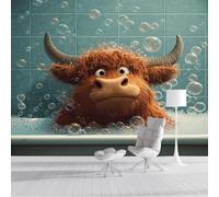 ZISTRCBAO Photo Wallpaper 200x140cm, Highland Cow in The Bathtub Panoramic Wallpaper Mural, Cartoon Animal Photo Wallpapers, Brown Mural Decoration for Boys Girls Bedroom