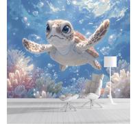 ZISTRCBAO Photo Wallpaper 250x175cm, Coral Reef Turtle Panoramic Wallpaper Mural, Cute Watercolor Animals Photo Wallpapers, Blue Mural Decoration for Boys Girls Bedroom