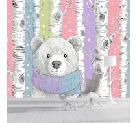 ZISTRCBAO Photo Wallpaper 350x256cm, Bear Wearing A Scarf Panoramic Wallpaper Mural, Watercolor Animal Photo Wallpapers, Multicolor Mural Decoration for Boys Girls Bedroom