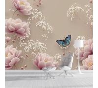 ZISTRCBAO Photo Wallpaper 350x256cm, Peony Baby's Breath Butterfly Panoramic Wallpaper Mural, Vintage Floral Photo Wallpapers, Pink Mural Decoration for Living Room Bedroom Corridor