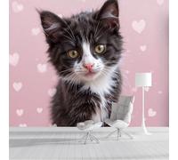 ZISTRCBAO Photo Wallpaper 3D Effect Mural Panoramic Pink Heart Black Cat Wallpaper, Cartoon Animal Silk Wall Art Mural for Boys Girls Bedroom Decor Poster 250x175cm