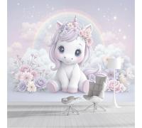 ZISTRCBAO Photo Wallpaper 3D Effect Mural Panoramic Rainbow Floral White Horse Wallpaper, Cute Cartoon Animal Silk Wall Art Mural for Boys Girls Bedroom Decor Poster 250x175cm