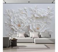 ZISTRCBAO Photo Wallpaper 3D Effect Mural Panoramic White Relief Peony Wallpaper, Retro Classic Floral Silk Wall Art Mural for Bedroom Living Room Decoration Poster 300x210cm