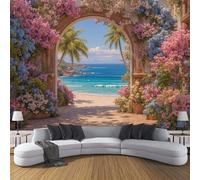 ZISTRCBAO Photo Wallpaper Archway Leading to The Beach Wall Mural Art 350x256cm, Seaside Style Silk Wall Mural, Stunning Walls Art for Living Room Bedroom Corridor Decor Poster, Pink