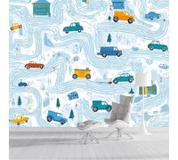 ZISTRCBAO Photo Wallpaper Cartoon Road Map Wall Mural Art 250x175cm, Cute Simple Silk Wall Mural, Stunning Walls Art for Boys Girls Bedroom Decor Poster, Light Blue