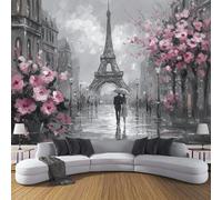ZISTRCBAO Photo Wallpaper Cherry Blossoms Eiffel Tower Wall Murals Poster, 300x210cm Retro Landscape Realistic Panoramic Mural, Pink Home Decoration Wall Mural for Living Room Bedroom Corridor