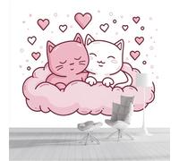 ZISTRCBAO Photo Wallpaper Cloud Cat Heart Wall Mural Art 250x175cm, Cartoon Animal Silk Wall Mural, Stunning Walls Art for Boys Girls Bedroom Decor Poster, Pink