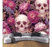 ZISTRCBAO Photo Wallpaper Deep Pink 250x175cm, Peony Skull Head Silk Wall Mural Decoration, Watercolor Style Poster Picture Wallpaper Mural for Living Room Kitchen Bedroom