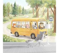 ZISTRCBAO Photo Wallpaper Forest Animal School Bus Wall Mural Art 400x280cm, Cute Hand-Drawn Style Silk Wall Mural, Stunning Walls Art for Living Room Bedroom Corridor Decor Poster, Light Green