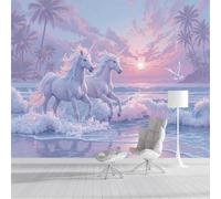 ZISTRCBAO Photo Wallpaper Horses Running Across The Sea Wall Murals Poster, 350x256cm Cartoon Animals Panoramic Mural, Pink Home Decoration Wall Mural for Boys Girls Bedroom Corridor