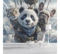 ZISTRCBAO Photo Wallpaper Hot Air Balloon Panda Dog Cat Wall Mural Art 300x210cm, Cartoon Animal Silk Wall Mural, Stunning Walls Art for Boys Girls Bedroom Decor Poster, Multicolored