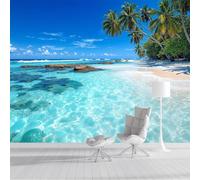 ZISTRCBAO Photo Wallpaper Island Palm Trees Wall Mural Art 250x175cm, Tropical Beach Style Silk Wall Mural, Stunning Walls Art for Living Room Bedroom Corridor Decor Poster, Blue