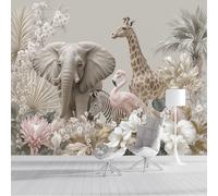 ZISTRCBAO Photo Wallpaper Jungle Elephant Giraffe Wall Mural Art 250x175cm, Watercolor Animals Silk Wall Mural, Stunning Walls Art for Boys Girls Bedroom Decor Poster, Beige