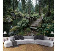 ZISTRCBAO Photo Wallpaper Moss-Covered Forest Wooden Bridge Wall Mural Art 400x280cm, Tranquil Natural Scenery Silk Wall Mural, Stunning Walls Art for Living Room Bedroom Corridor Decor Poster, Green