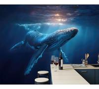 ZISTRCBAO Photo Wallpaper Mural Deep Sea Humpback Whale Decorative - Dark Healing Seabed Wallpaper for Living Room Bedroom, Deep Blue Silk Wall Mural TV Background Decor, 400x280cm