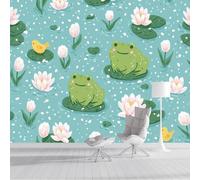 ZISTRCBAO Photo Wallpaper Water Lily Frog Wall Mural Art 250x175cm, Cartoon Animal Silk Wall Mural, Stunning Walls Art for Boys Girls Bedroom Decor Poster, Blue-Green