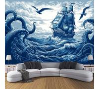 ZISTRCBAO Photo Wallpaper Wave Octopus Sailboat Wall Murals Poster, 400x280cm Nautical Theme Panoramic Mural, Navy Blue Home Decoration Wall Mural for Living Room Bedroom Corridor