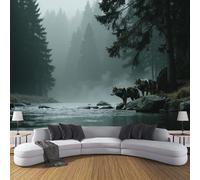 ZISTRCBAO Photo Wallpaper Wolf Pack Misty Forest Wall Mural Art 300x210cm, Retro Dark Landscape Silk Wall Mural, Stunning Walls Art for Living Room Bedroom Corridor Decor Poster, Gray-Green