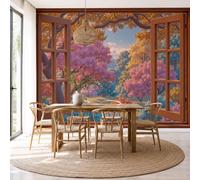 ZISTRCBAO Pink Purple Flower Forest Mural Wallpaper, Autumn Forest False Window Scenery Wall Mural, Pink Wall Decoration Paper Poster for Bedroom Home TV Sofa Background Wallpaper Murals - 350x256cm