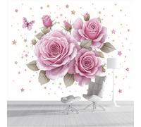 ZISTRCBAO Pink Rose Butterfly Photo Wallpaper Mural, Watercolor Flowers Wall Murals, 250x175cm Large Photo Wallpaper Pink Poster for Boys Girls Bedroom Background Decor