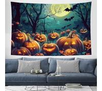 ZISTRCBAO Pumpkin Patch Bats Forest Tapestry Wall Hanging Art 150x100cm | Dark Halloween Tapestry Home Decorations for Bedroom Dorm Room Party, Turquoise