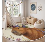 ZISTRCBAO Realistic Watercolor Animal Round Rug Kids Room 100cm | Capybara Wreath Circle Carpet, Soft Low Pile Non Slip Round Area Rug for Nursery, Bedroom and Playroom Decor